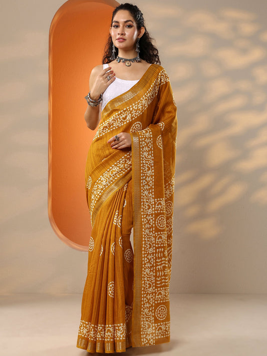 Mustard Printed Silk Blend Saree With Unstitched Blouse Piece