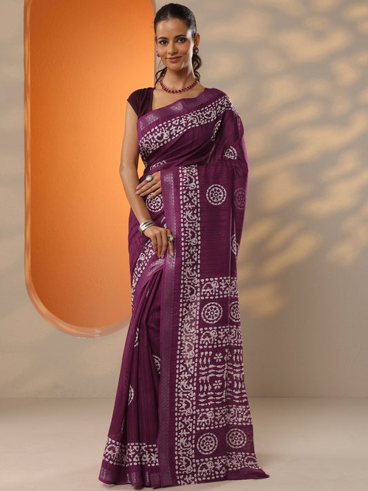 Burgundy Printed Silk Blend Saree With Unstitched Blouse Piece