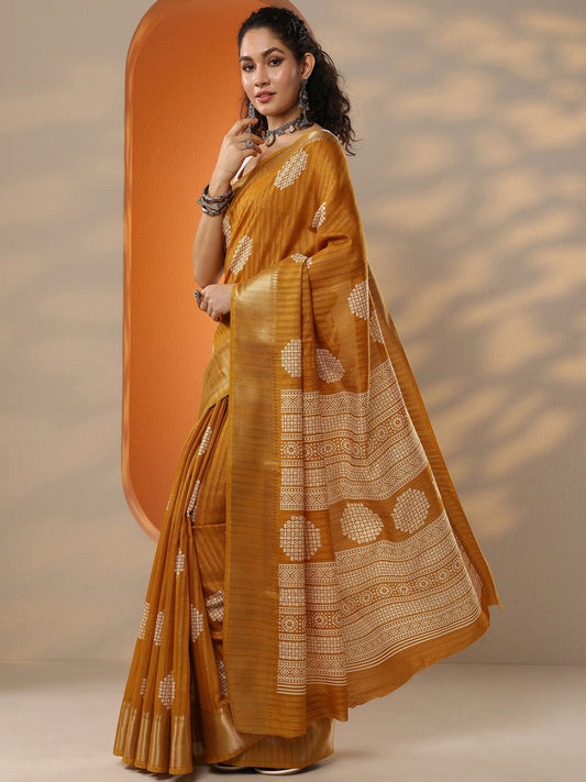 Mustard Printed Silk Blend Saree With Unstitched Blouse Piece