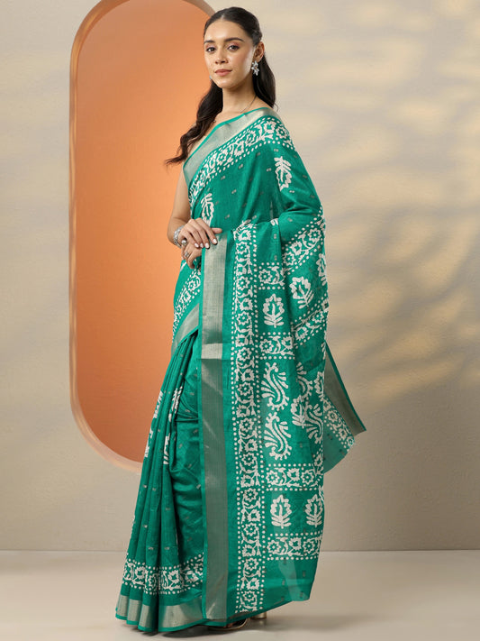 Green Printed Silk Blend Saree With Unstitched Blouse Piece