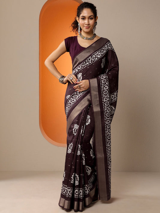 Brown Printed Silk Blend Saree With Unstitched Blouse Piece