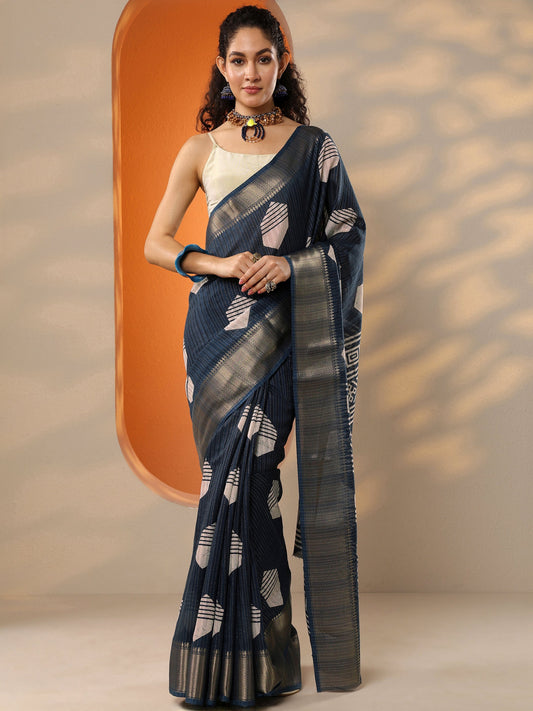 Navy Blue Printed Silk Blend Saree With Unstitched Blouse Piece
