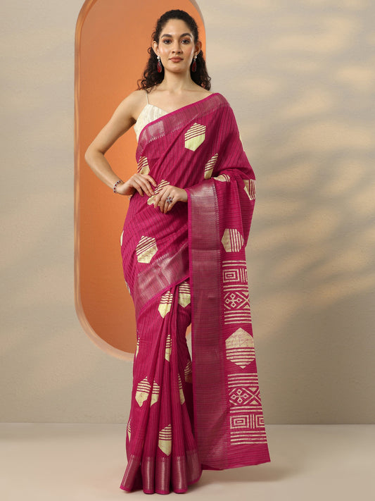 Pink Printed Silk Blend Saree With Unstitched Blouse Piece