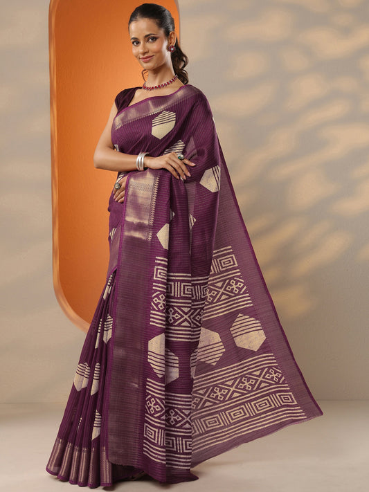 Burgundy Printed Silk Blend Saree With Unstitched Blouse Piece