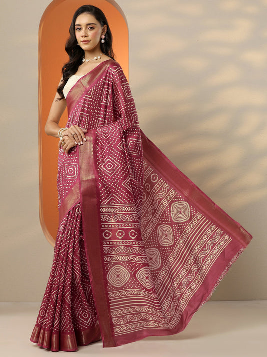 Pink Printed Silk Blend Saree With Unstitched Blouse Piece