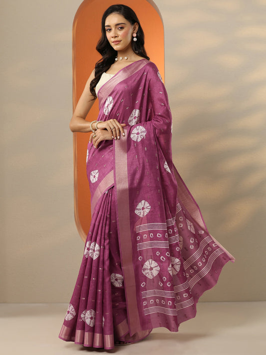 Mauve Printed Silk Blend Saree With Unstitched Blouse Piece