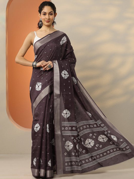 Brown Printed Silk Blend Saree With Unstitched Blouse Piece