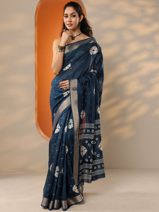 Navy Blue Printed Silk Blend Saree With Unstitched Blouse Piece
