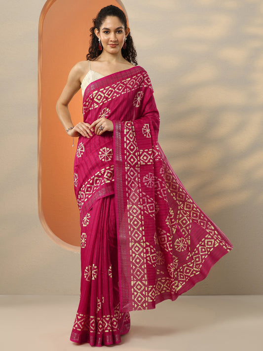 Red Printed Silk Blend Saree With Unstitched Blouse Piece