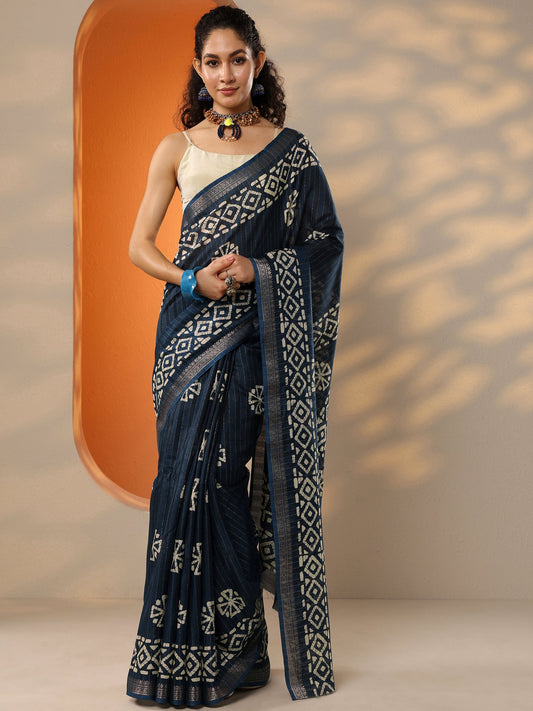 Navy Blue Printed Silk Blend Saree With Unstitched Blouse Piece