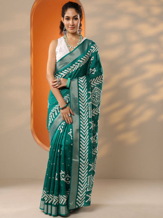 Green Printed Silk Blend Saree With Unstitched Blouse Piece