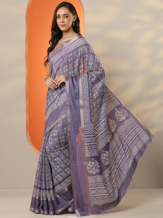 Lavender Printed Silk Blend Saree With Unstitched Blouse Piece