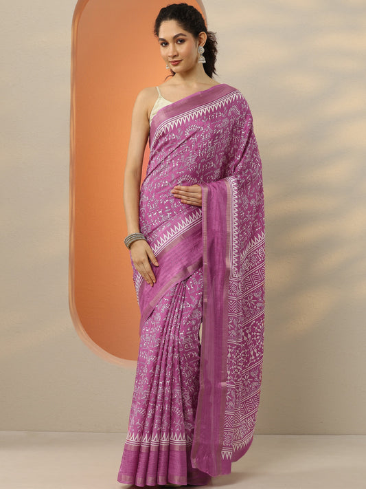 Pink Printed Silk Blend Saree With Unstitched Blouse Piece