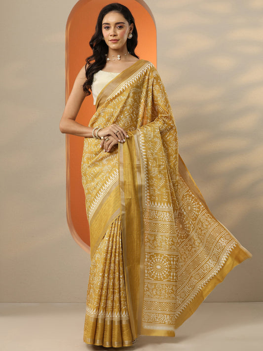 Mustard Printed Silk Blend Saree With Unstitched Blouse Piece