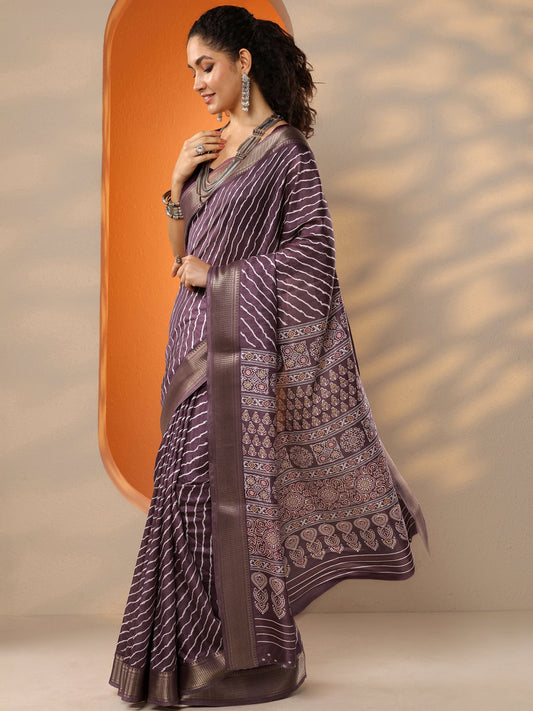Mauve Leheriya Printed Silk Blend Saree With Unstitched Blouse Piece