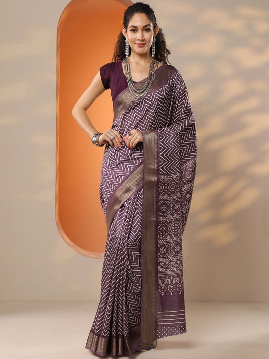 Brown Leheriya Printed Silk Blend Saree With Unstitched Blouse Piece