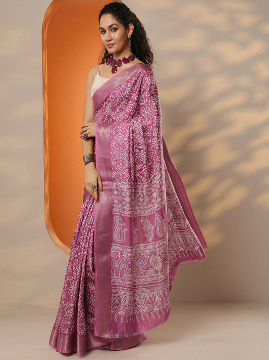 Pink Printed Silk Blend Saree With Unstitched Blouse Piece