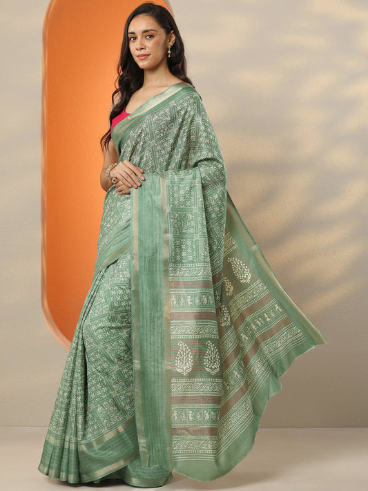 Green Printed Silk Blend Saree With Unstitched Blouse Piece