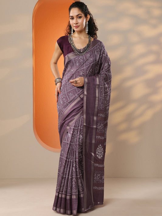 Mauve Printed Silk Blend Saree With Unstitched Blouse Piece