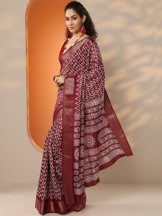 Maroon Leheriya Printed Silk Blend Saree With Unstitched Blouse Piece