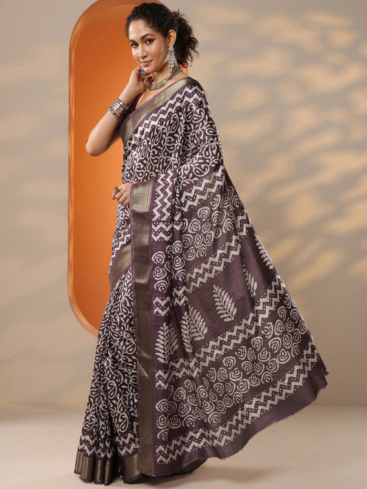 Burgundy Batik Printed Silk Blend Saree With Unstitched Blouse Piece