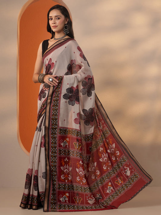 Grey Printed Silk Blend Saree With Unstitched Blouse Piece