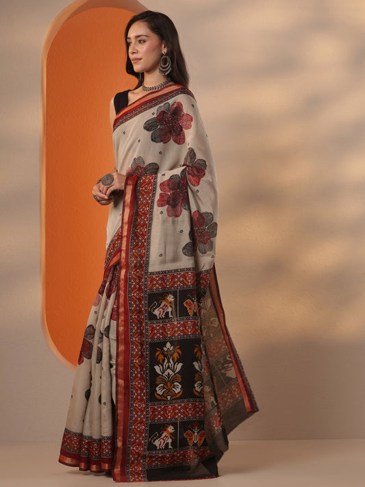 Grey Printed Silk Blend Saree With Unstitched Blouse Piece