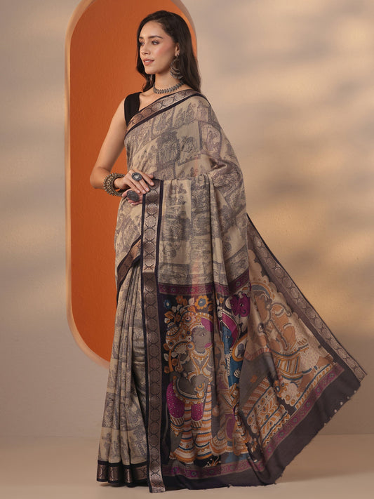 Beige Printed Silk Blend Saree With Unstitched Blouse Piece