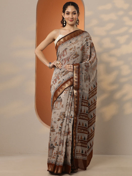 Beige Printed Silk Blend Saree With Unstitched Blouse Piece