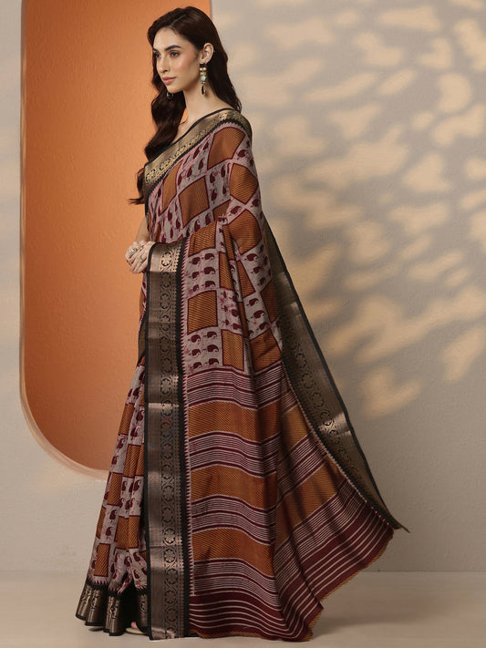 Grey Printed Silk Blend Saree With Unstitched Blouse Piece