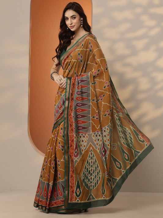 Mustard Ikkat Printed Silk Blend Saree With Unstitched Blouse Piece
