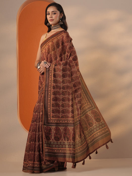 Brown Printed Silk Blend Saree With Unstitched Blouse Piece