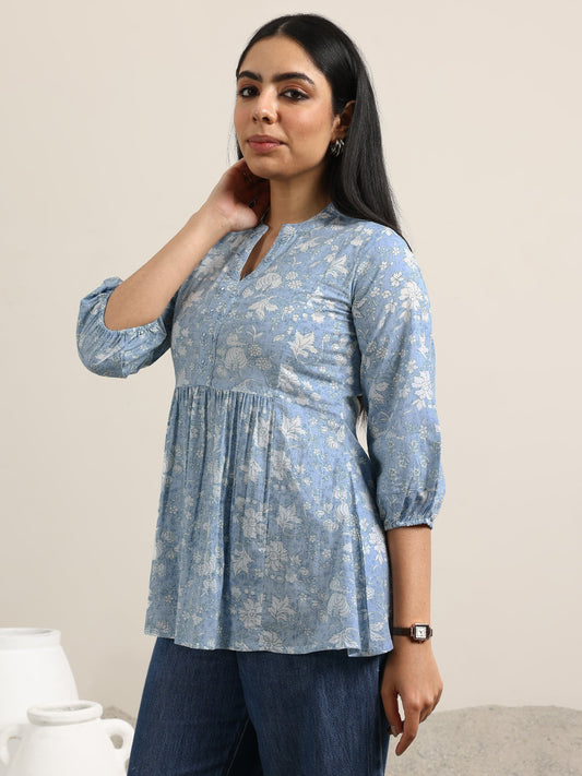 Blue Printed Cotton Anarkali Kurti