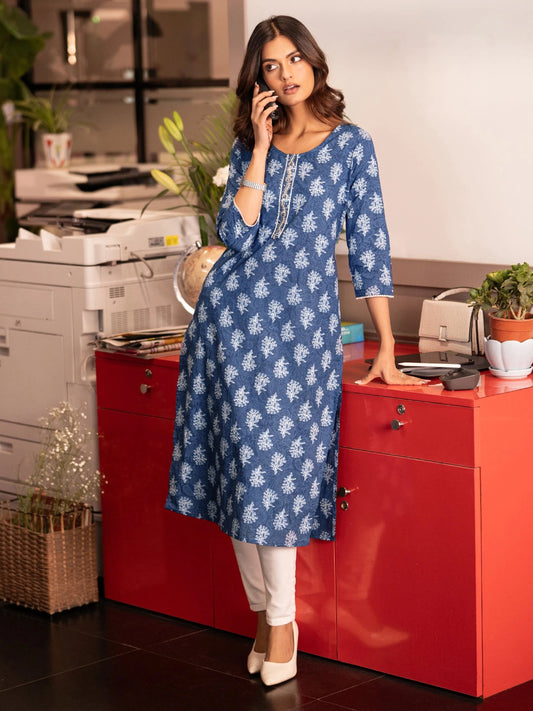Blue Printed Cotton Straight Kurta