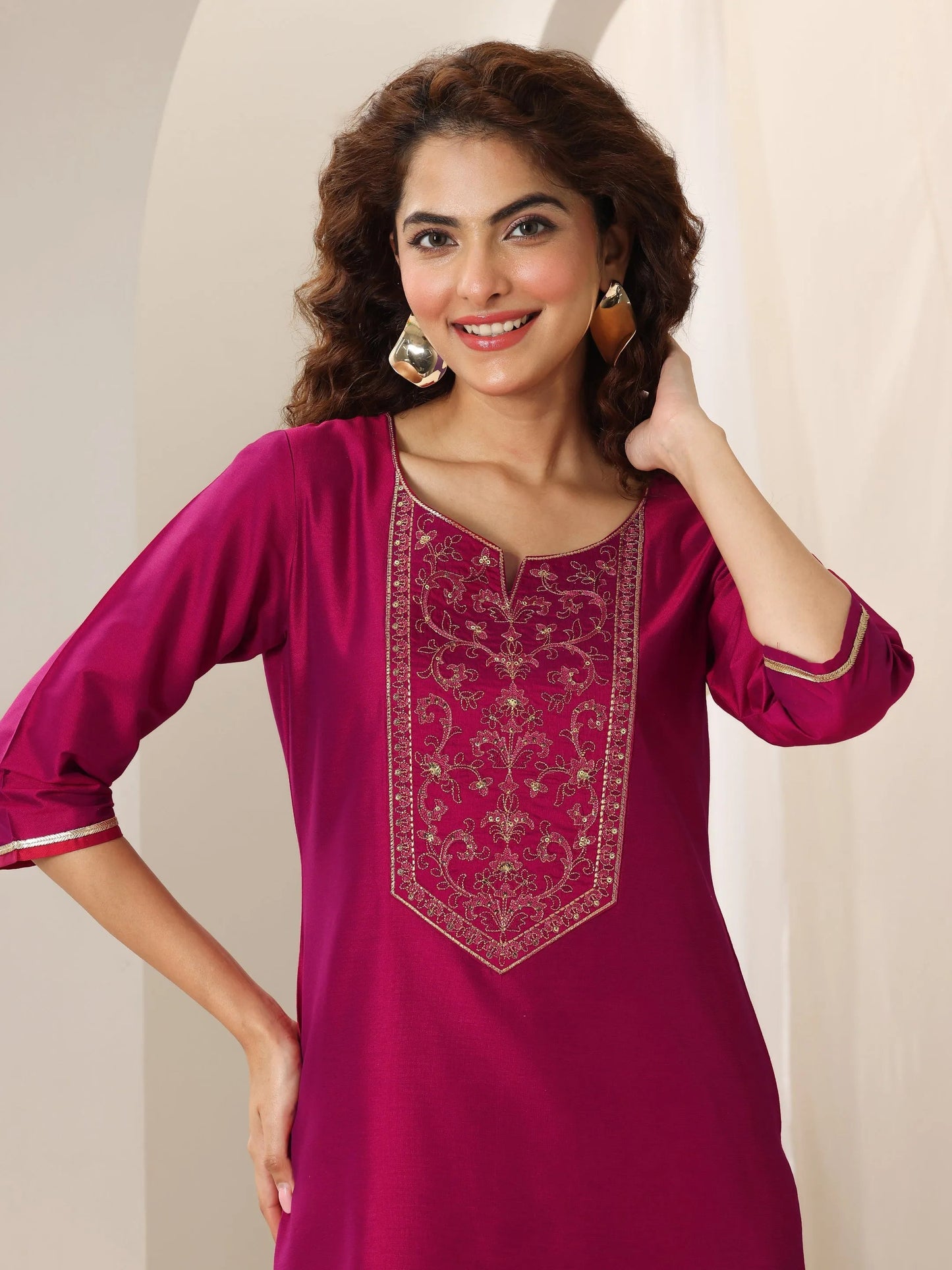 Pink Yoke Design Silk Straight Kurta