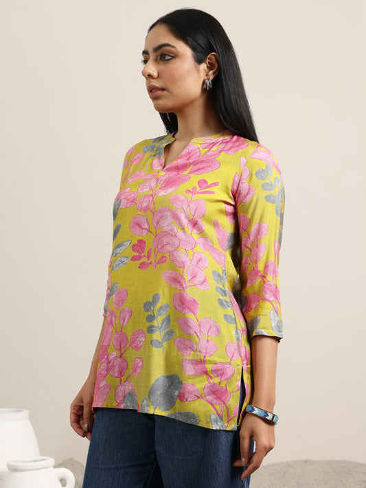 Mustard Printed Silk Blend Straight Tunic