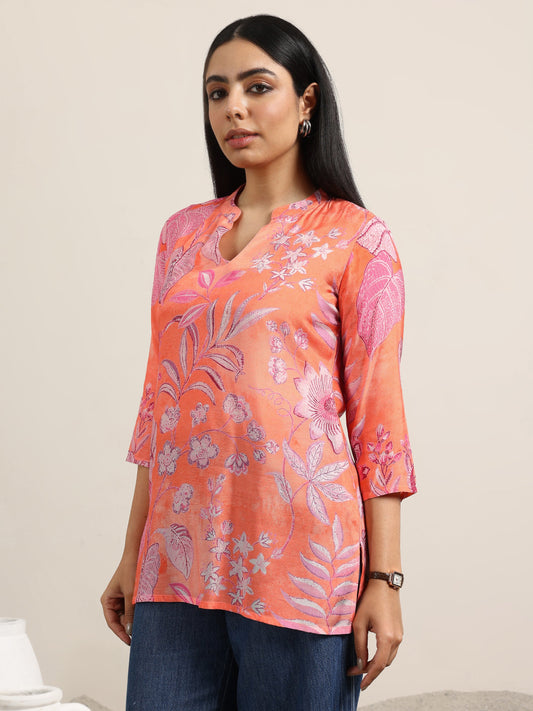 Orange Printed Silk Blend Straight Tunic