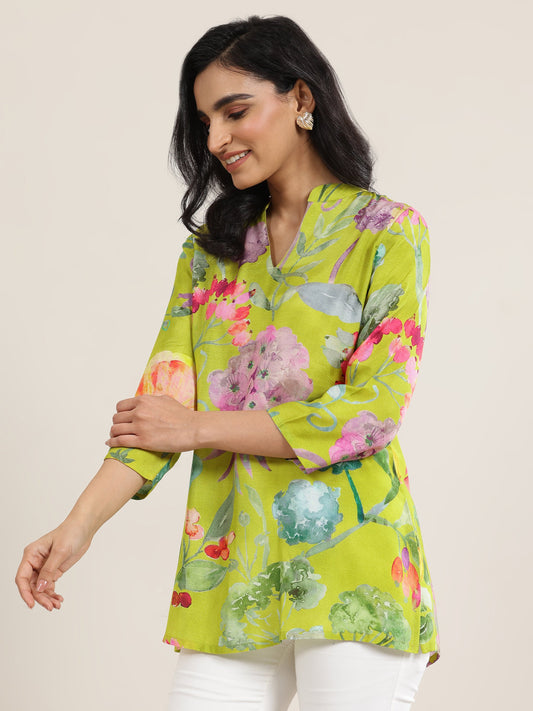 Green Printed Silk Blend Short Kurti