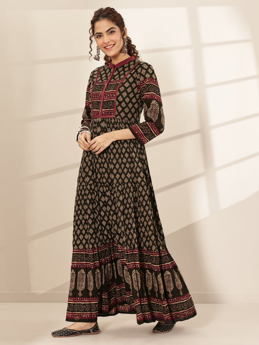 Black Printed Cotton Blend Fit and Flared One Piece Dress