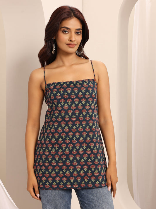 Navy Blue Printed Cotton Blend Straight Short Kurti