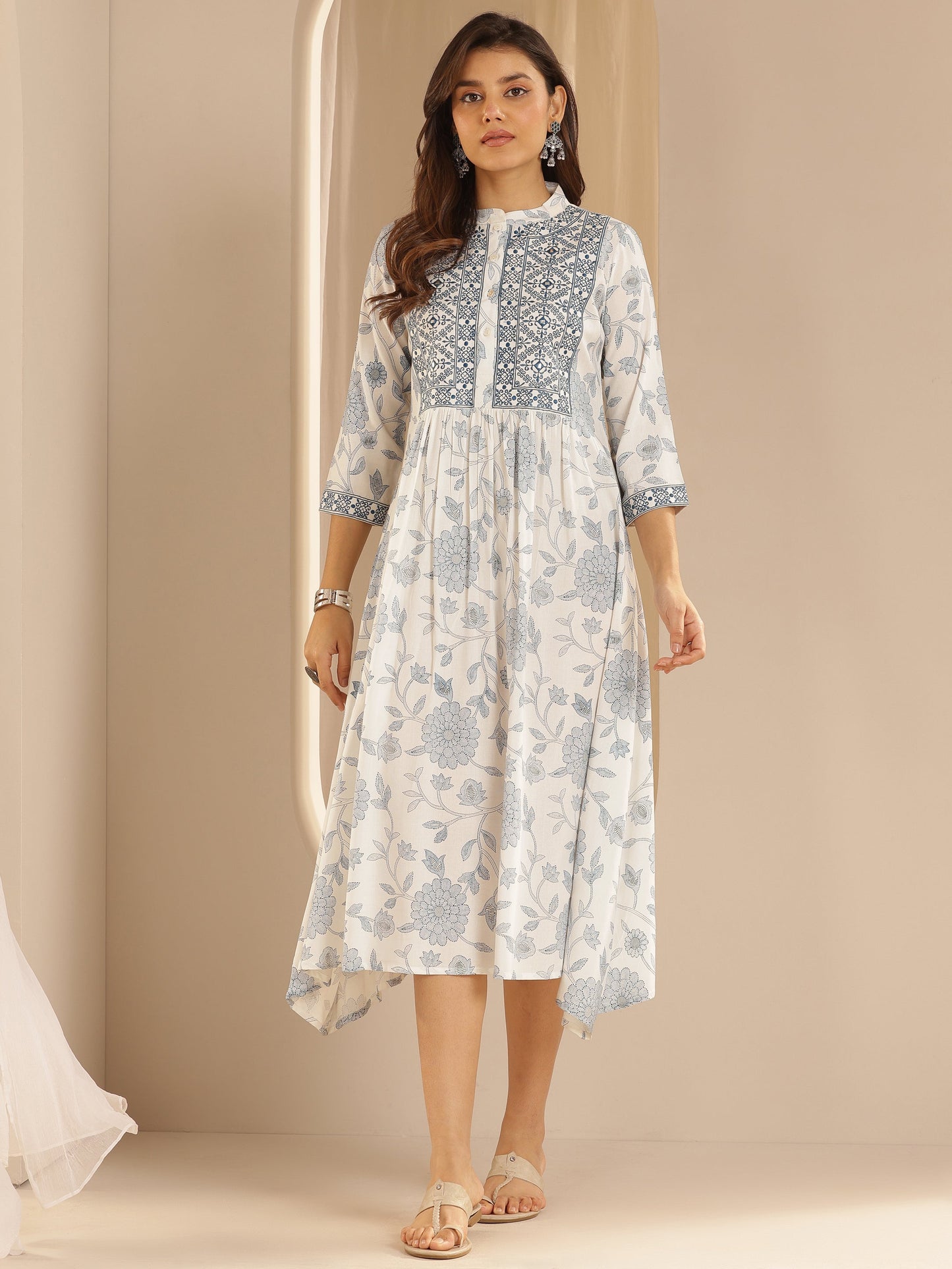 White Printed Rayon A-Line One Piece Dress