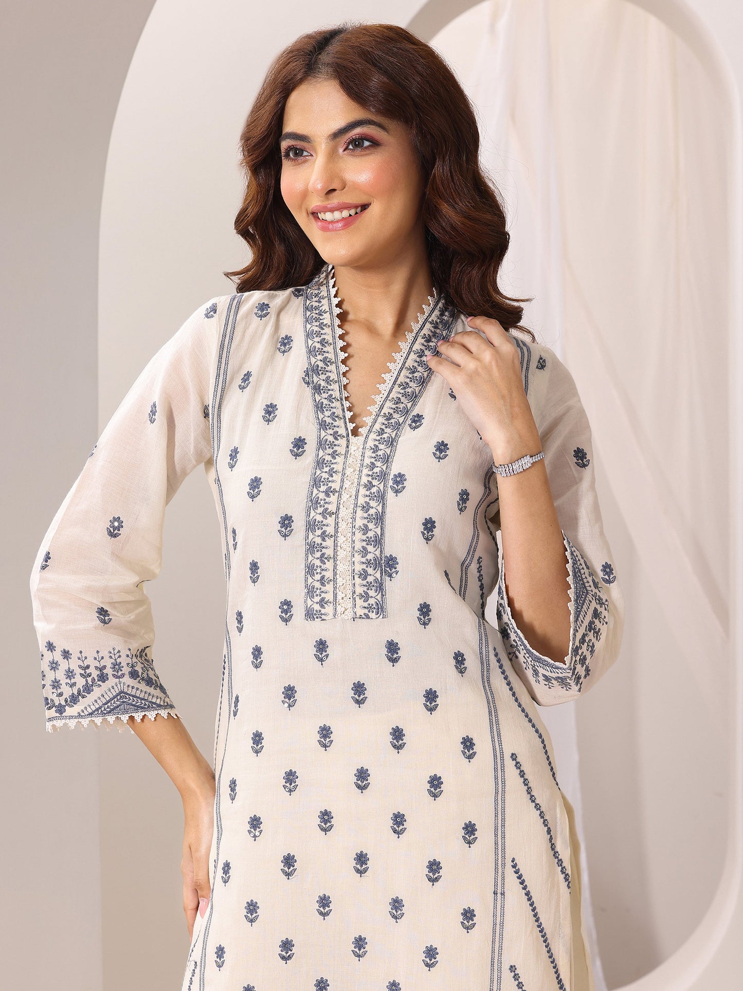 Off White Embroidered Cotton Straight Suit Set With Dupatta