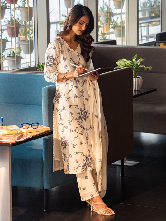 Off White Embroidered Cotton Straight Suit Set With Dupatta