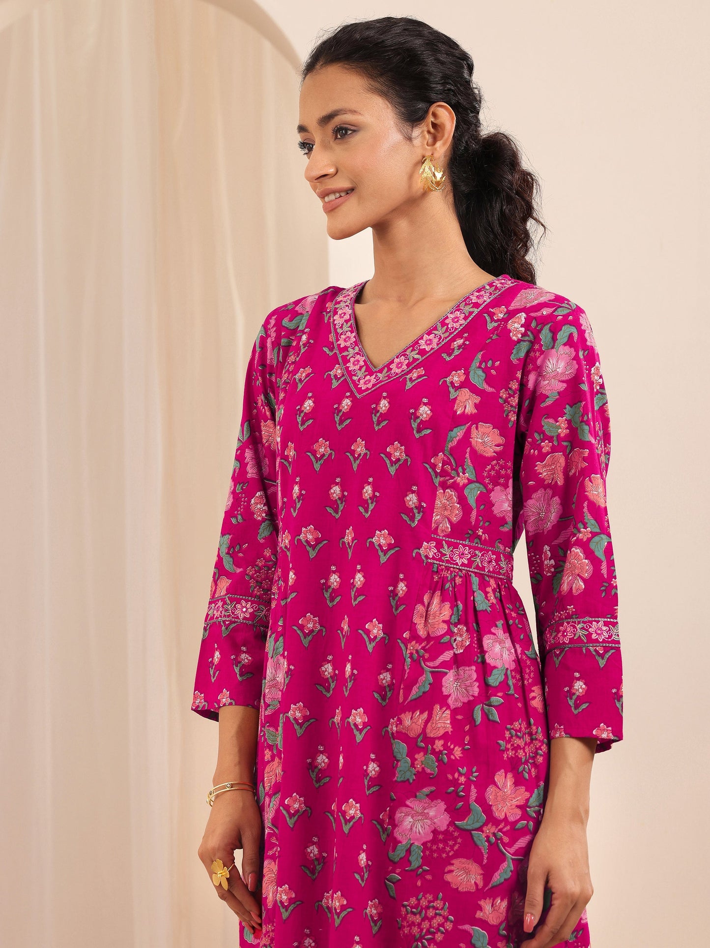 Pink Printed Cotton A-line Suit Sets With Dupatta