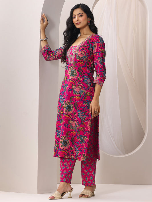 Pink Printed Cotton Straight Suit Set With Dupatta