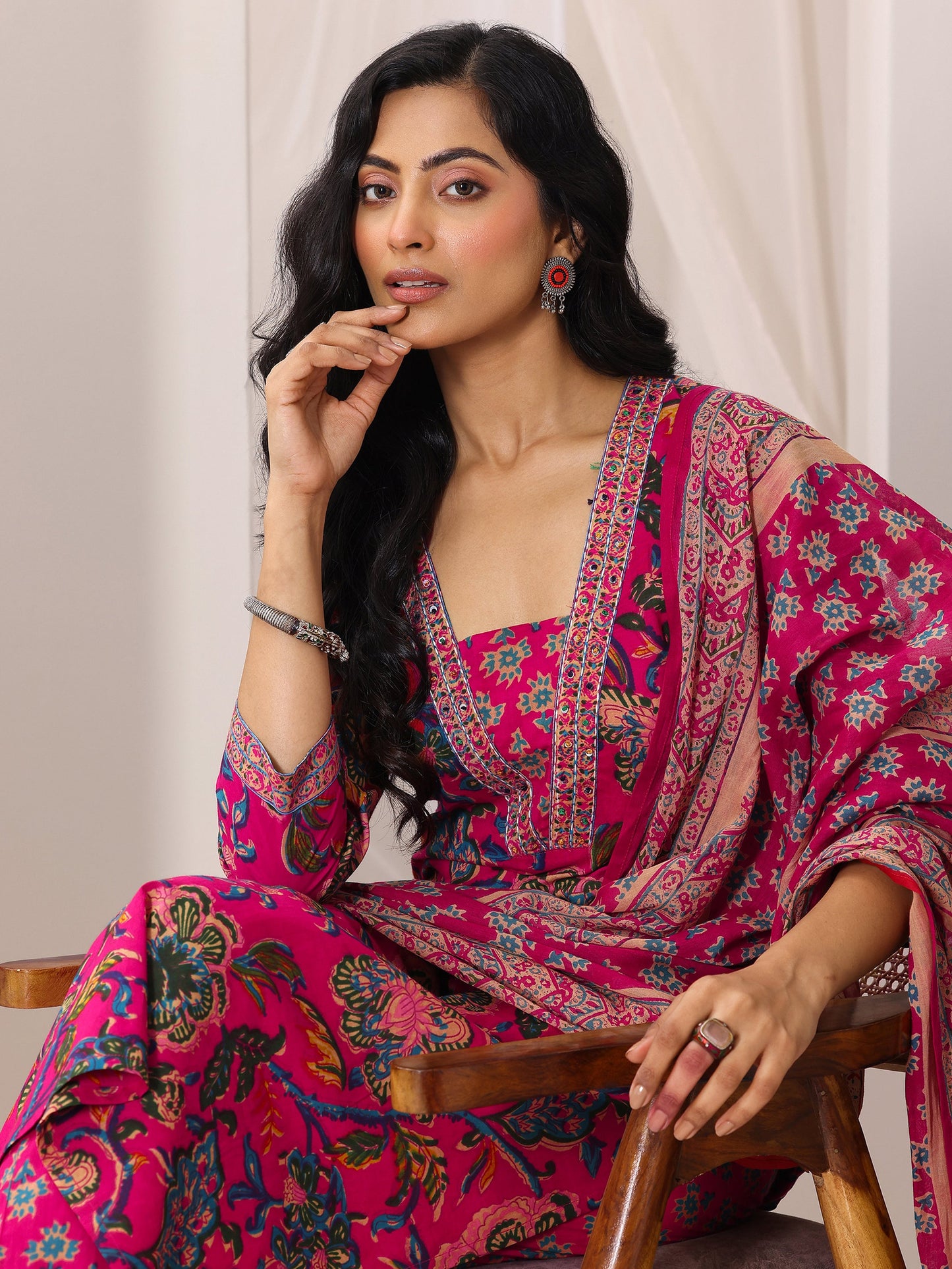 Pink Printed Cotton Straight Suit Set With Dupatta