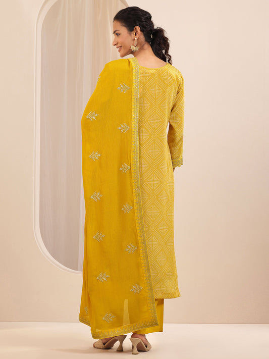 Mustard Printed Chinon Straight Suit Sets With Dupatta