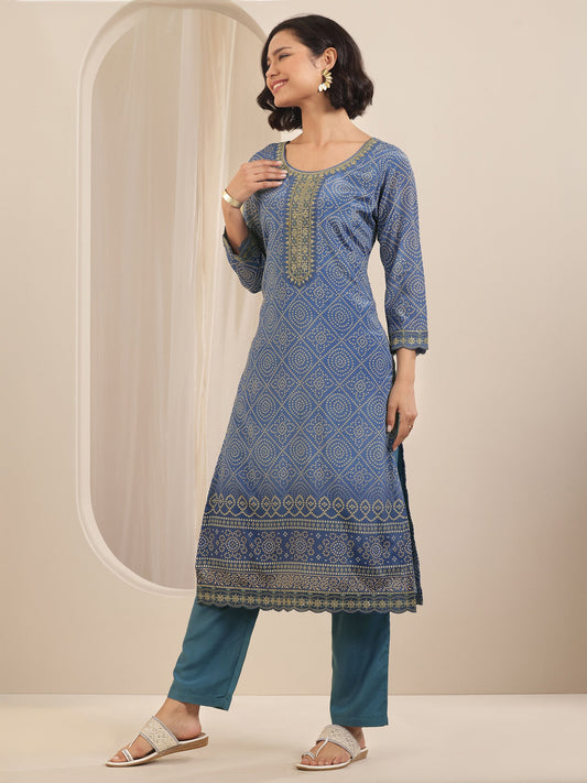 Blue Printed Chinon Straight Suit Sets With Dupatta