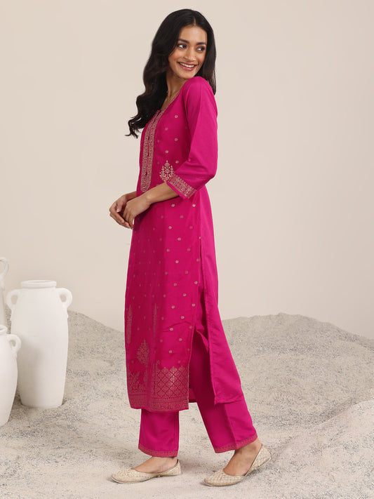 Pink Woven Design Silk Blend Straight Suit With Dupatta