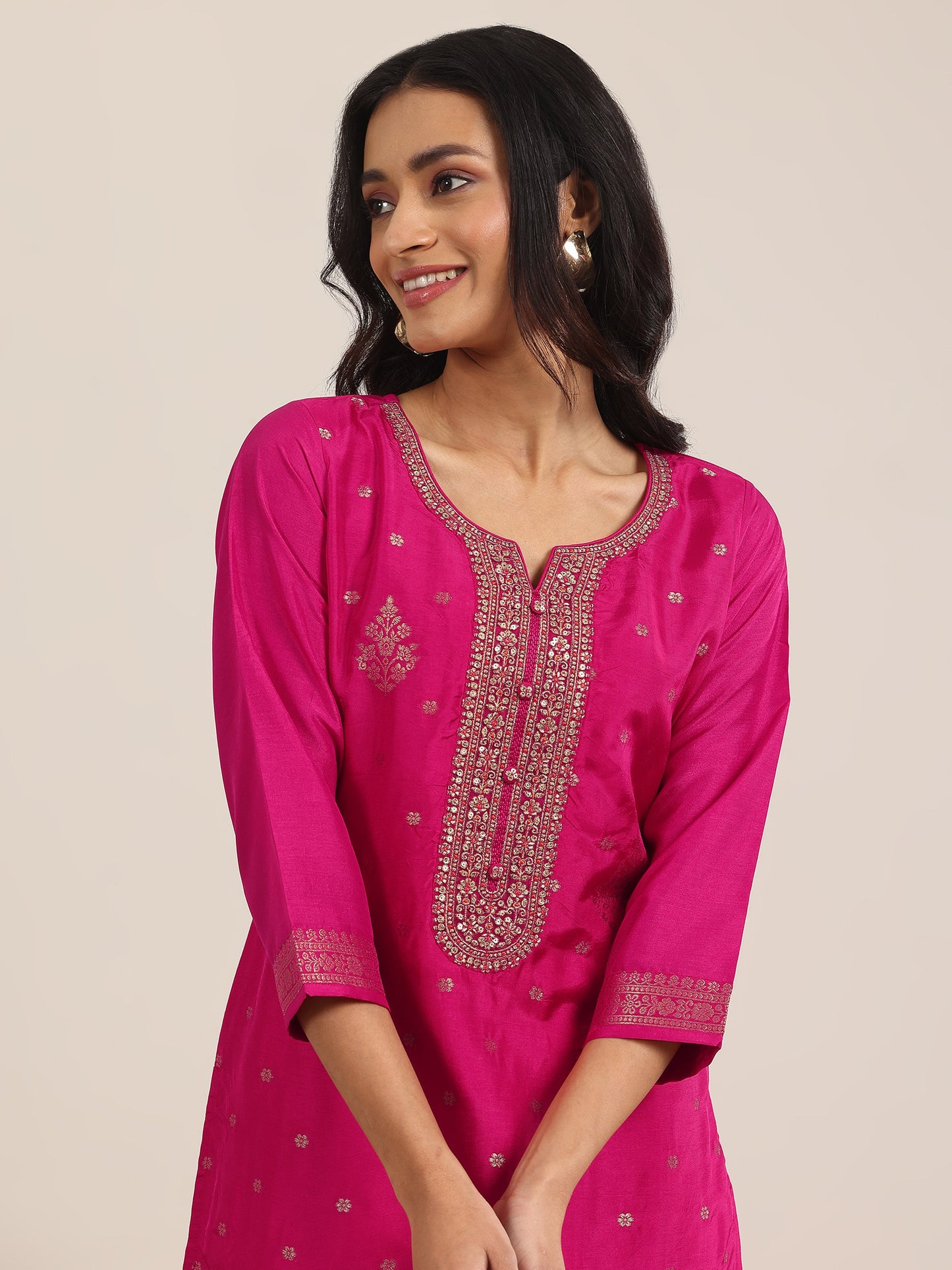 Pink Woven Design Silk Blend Straight Suit With Dupatta